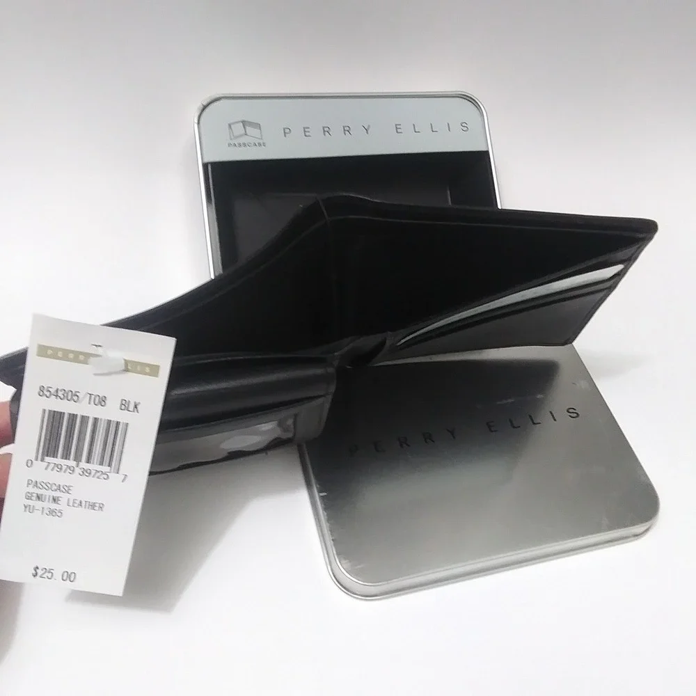 Perry Ellis Mens Black Leather Bifold Passcase Wallet with‎ Metal Gift Tin